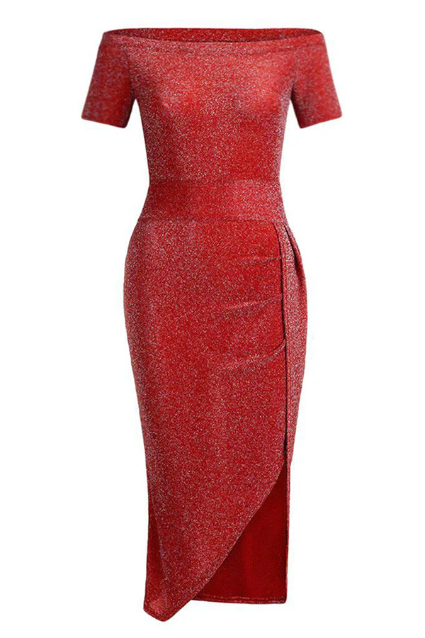 hulianfu Fashion Elegant Solid Slit Sequined Off the Shoulder Wrapped Skirt Dresses(3 Colors) - Deanwangkt