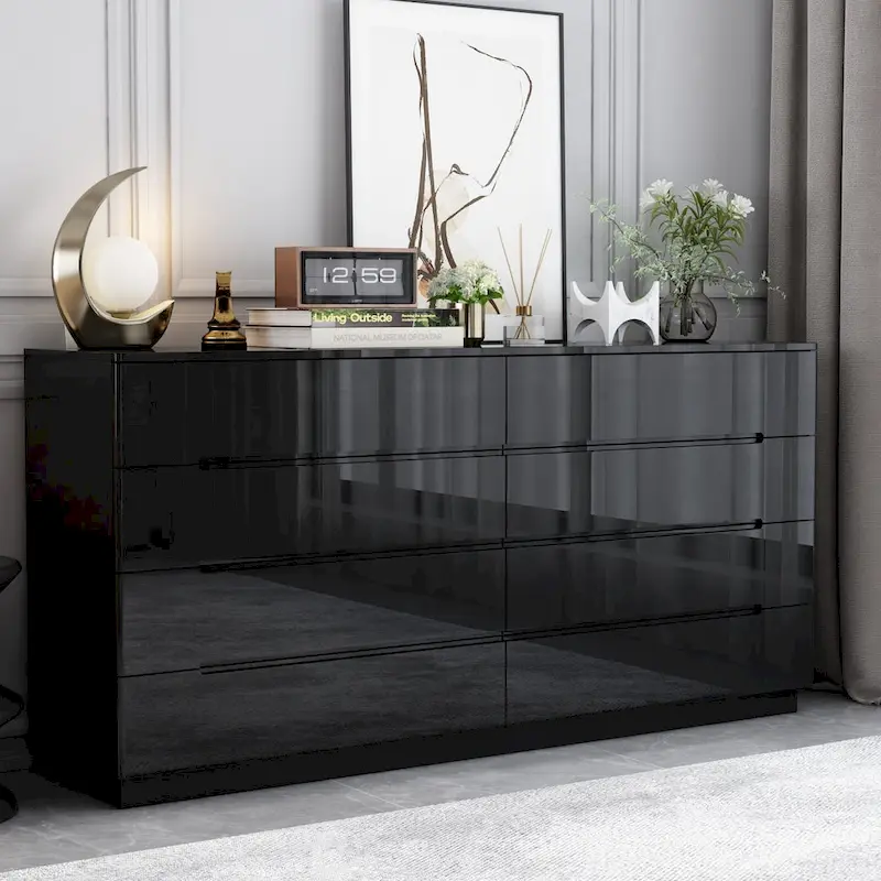 8 Drawer Double Dresser Dresser w/High Gloss Drawers Dual Chest Light
