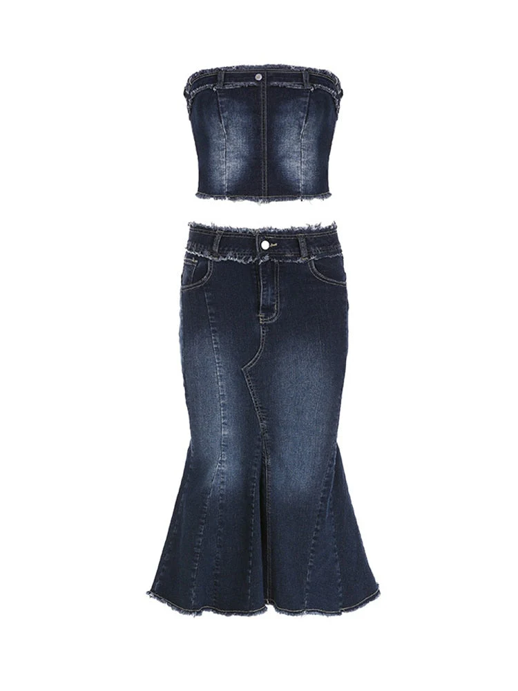 Hulianfu Sexy Denim Skirt Women Set Tube Tops Fur Edge Mermaid Dress Female Streetwear Set Summer Slim Sleeveless Spicy Suits - Deanwangkt