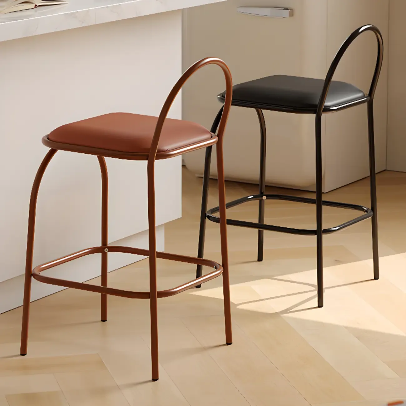 Minimalist Metal Frame Leather Counter Stools with Open Back