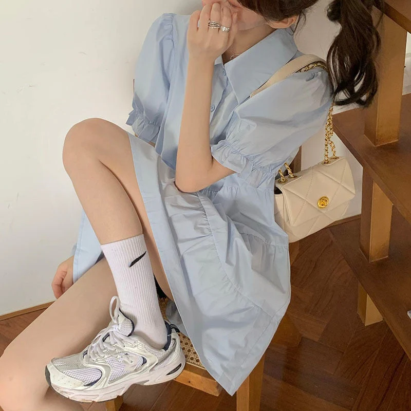 2 Piece Set Women Summer High Waist Dress Denim Camisole + Mini Dress Elegant Puff Sleeve A-line Dress Vintage Slim Dresses - Deanwangkt