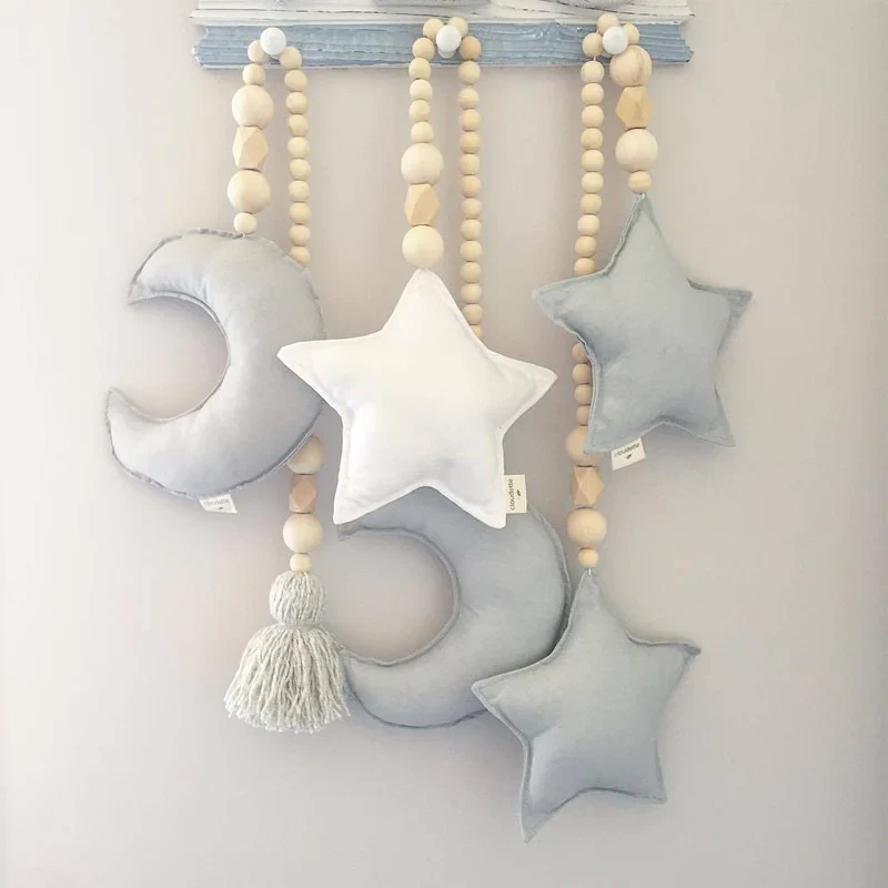 HULIANFU Nordic Boho Room Decor Double Star Moon Wooden Beads Cotton Hanging Wall Decoration Kawaii Kids Baby Bedroom Living Room Decor - Deanwangkt