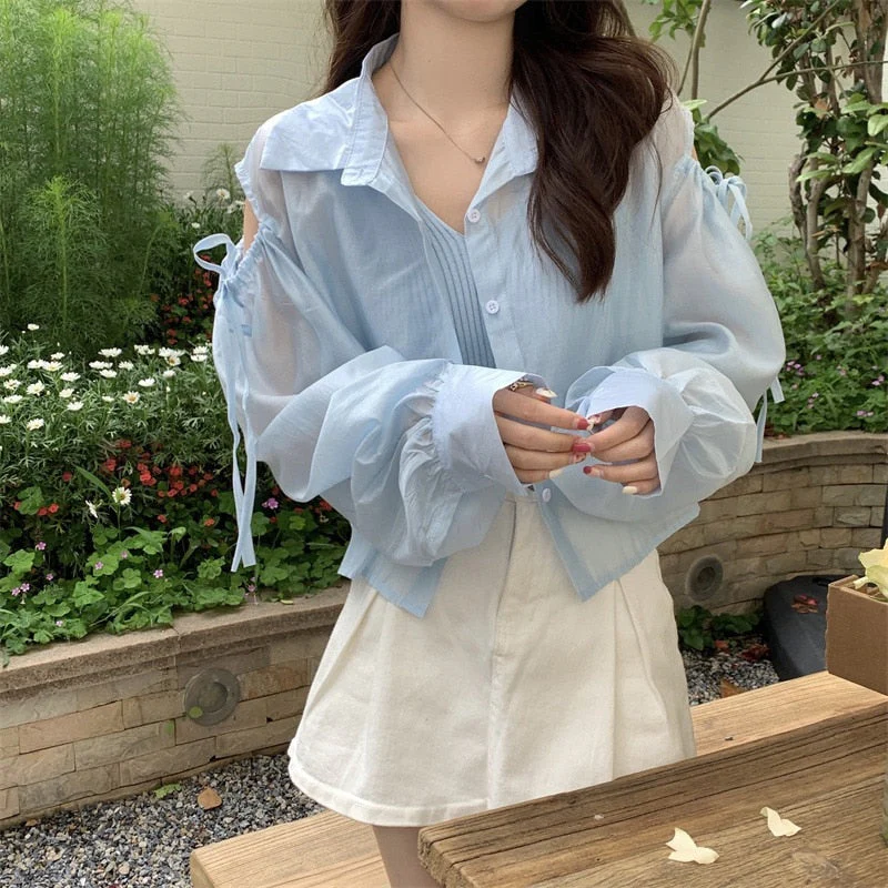 Hulianfu Shirts Women Hole Temperament Sun-proof Ins Vacation Thin Korean Style Sheer Off-shoulder BF Топ Женский Summer Students Beach - Deanwangkt
