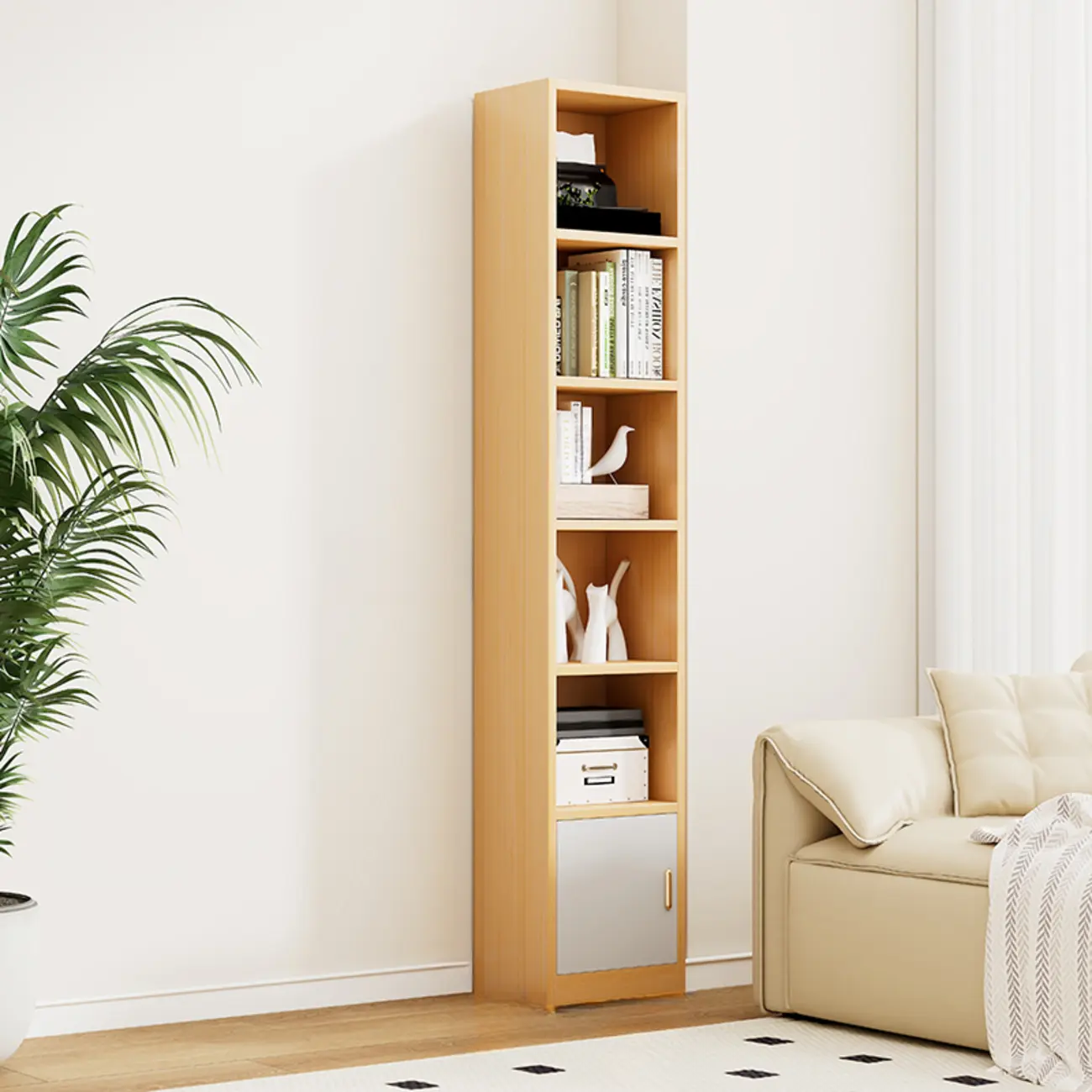 Natural Finish Narrow 6 Shelves Wooden Bookcase with Drawer