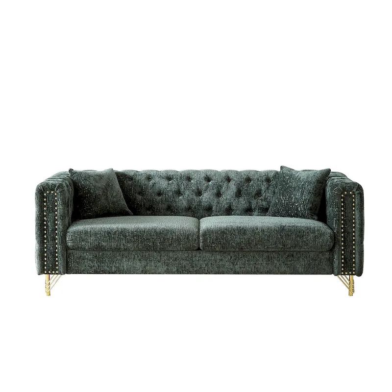 Green Chenille Tufted Upholstered 3-seater Sofa with Metal Legs