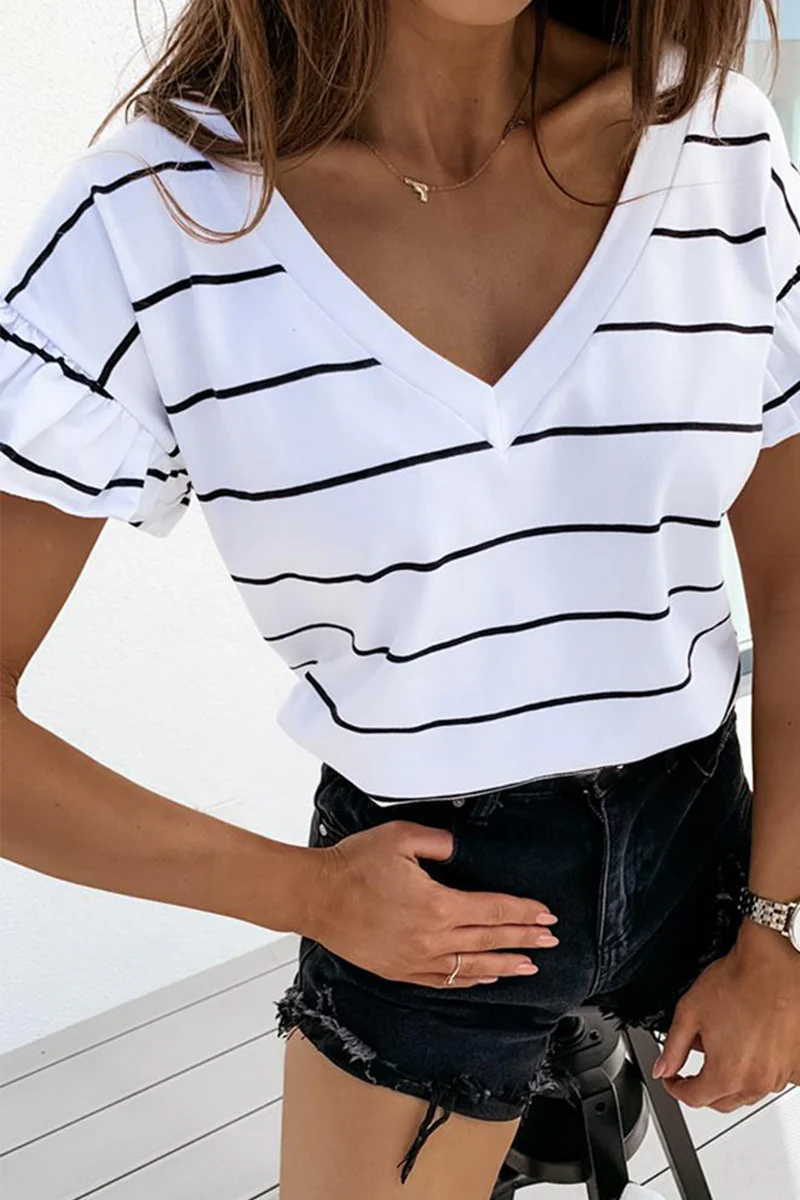 Casual Striped Flounce V Neck T-Shirts - Deanwangkt