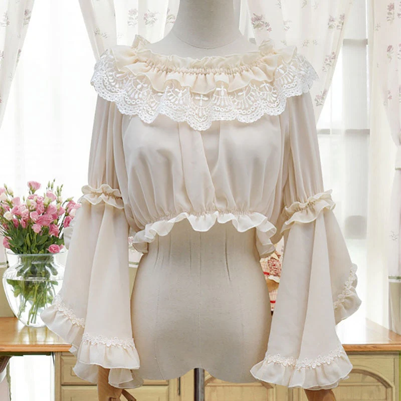 Ladies Sweet Lolita Lace Blouse Neverland Chiffon Loose Layered Crop Tops Victoria Costume Long Bell Sleeves For Women Oversize - Deanwangkt