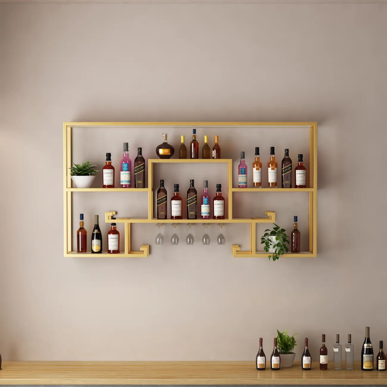 Multi-Shelf Metal Wall-Mounted Wine Bottle & Glass Rack