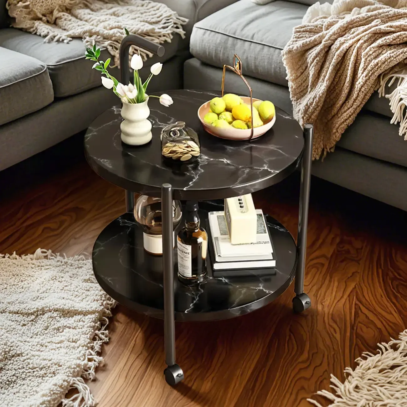 Modern 2-Tier Wood Round Coffee Table with Wheels, Tray