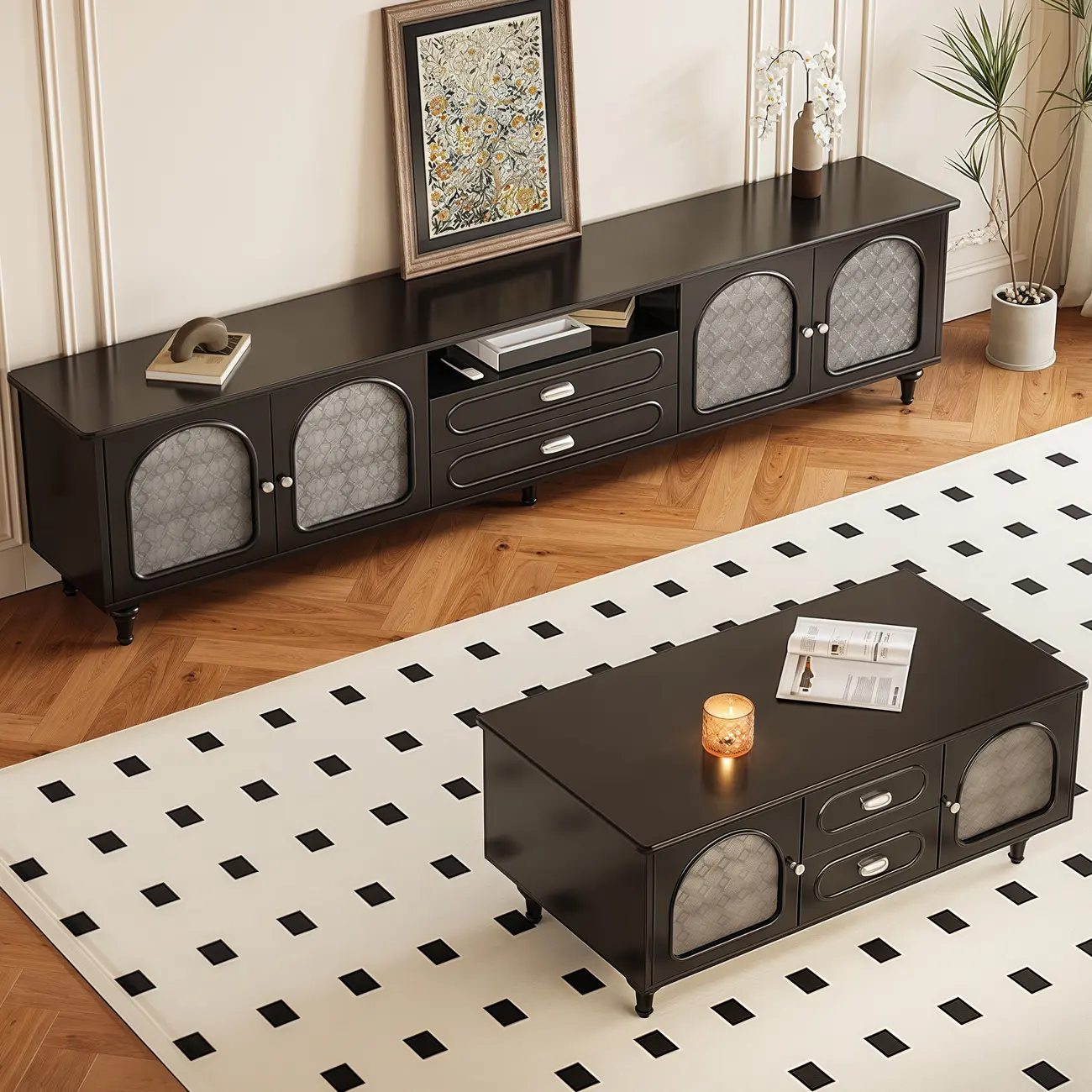 Modern Wood Curved Glass Door Black TV Stand with Light