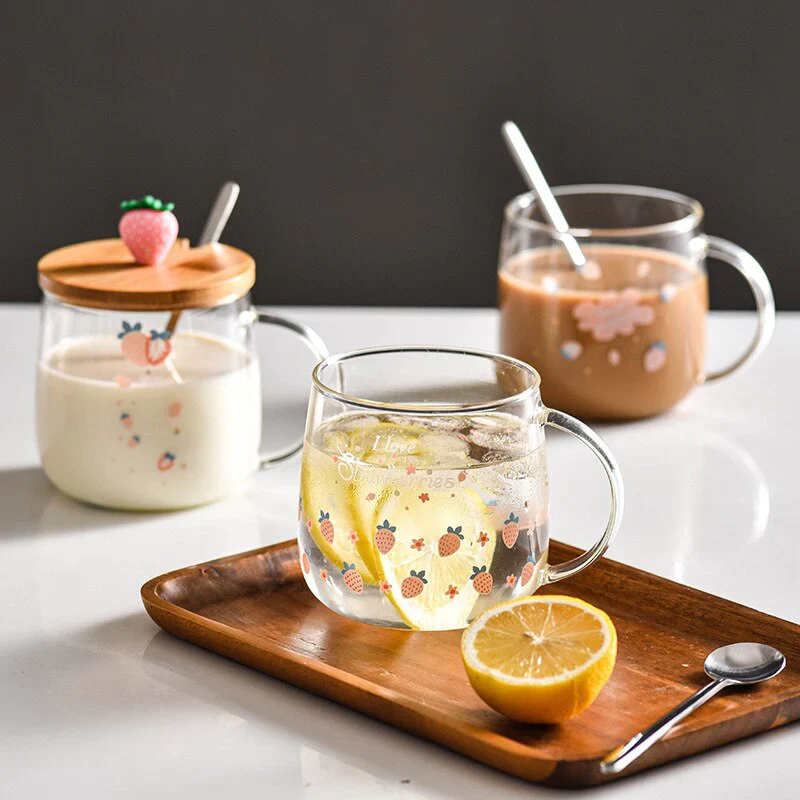 HULIANFU Novelty 3d Lid Cartoon Strawberry Cute Water Glass Transparent Milk Juice Drinkware Cup Mug Drinking Borosilicate Glasses Coffee - Deanwangkt