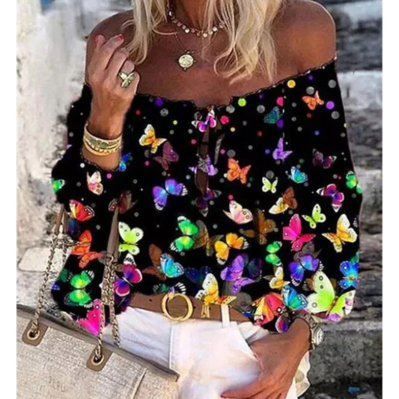 Sexy Women Spring Autumn Ruffles Chiffon Tops Tees Floral Plus Size Belt Off Shoulder Casual Femme Blouse Shirt Befree Boho - Deanwangkt
