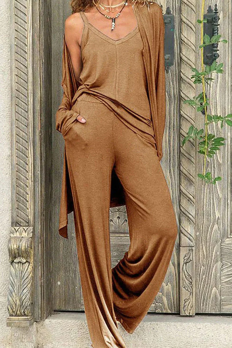 hulianfu Casual Solid Color V Neck Long Sleeve Three Pieces(4 Colors) - Deanwangkt