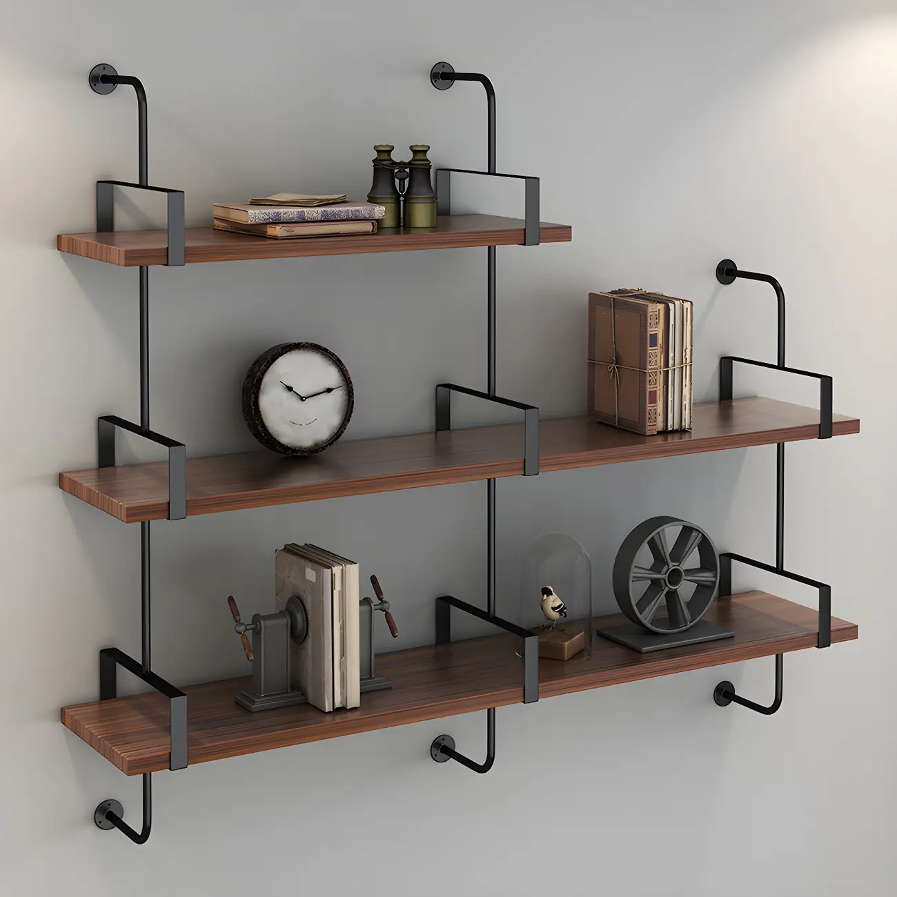 Industrial Wide 3-Tier Wooden Floating Bookcase