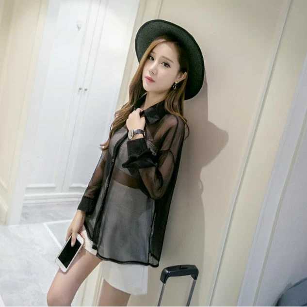 Hulianfu Spring Chiffon Transparent Shirt Women's Long Sleeve See-through Blusas Ropa De Mujer Summer Sun-proof Zipper Coats Jacket - Deanwangkt