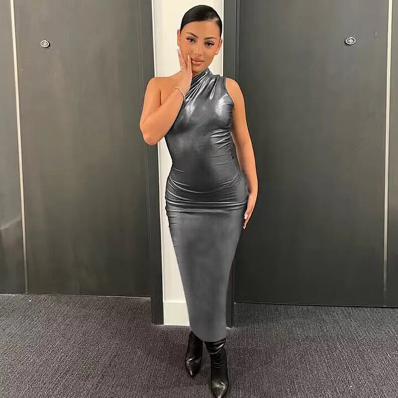 Hulianfu Pu Leather One Shoulder Sleeveless Draped Mini Prom Dress 2026  Summer Fall Women Elegant Y2K Evening Party Club Clothes - Deanwangkt