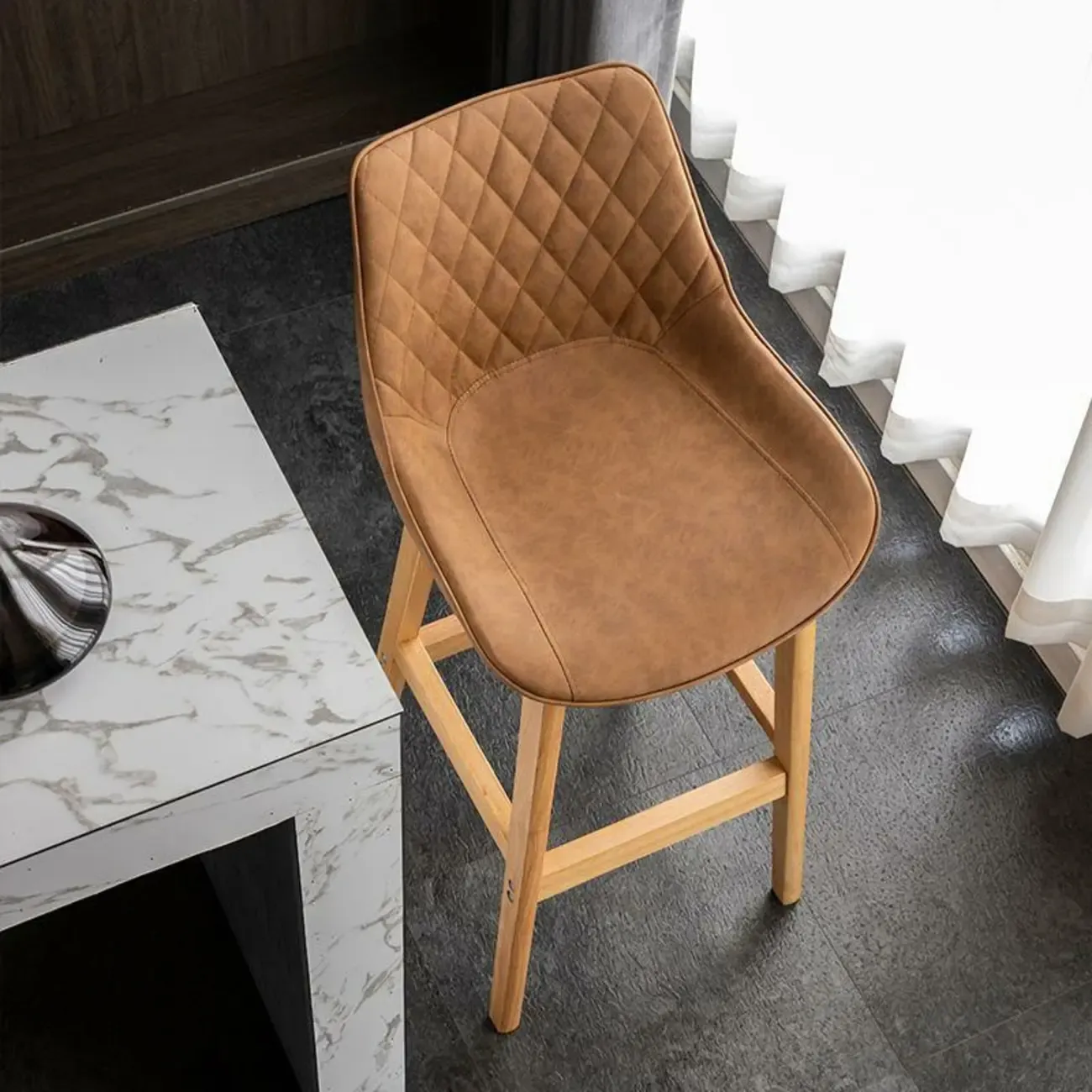 Modern Wood Tufted Upholstered Leather Bar Stool