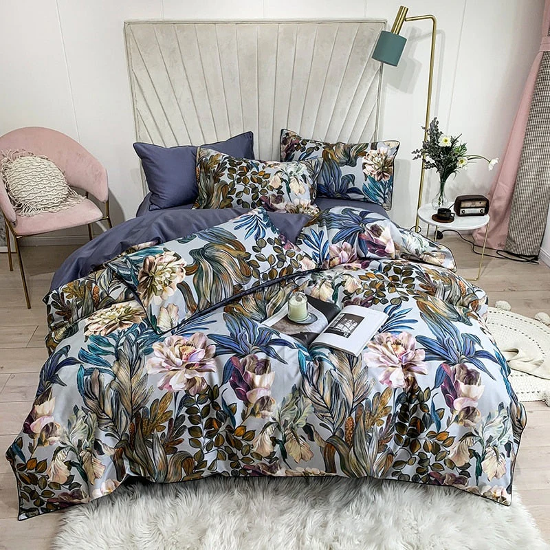 HULIANFU Tropical Leaves Flowers Duvet cover set Silky Soft 100%Egyptian Cotton Bedding set Queen King Bed sheet Quilt Cover Pillowcases - Deanwangkt