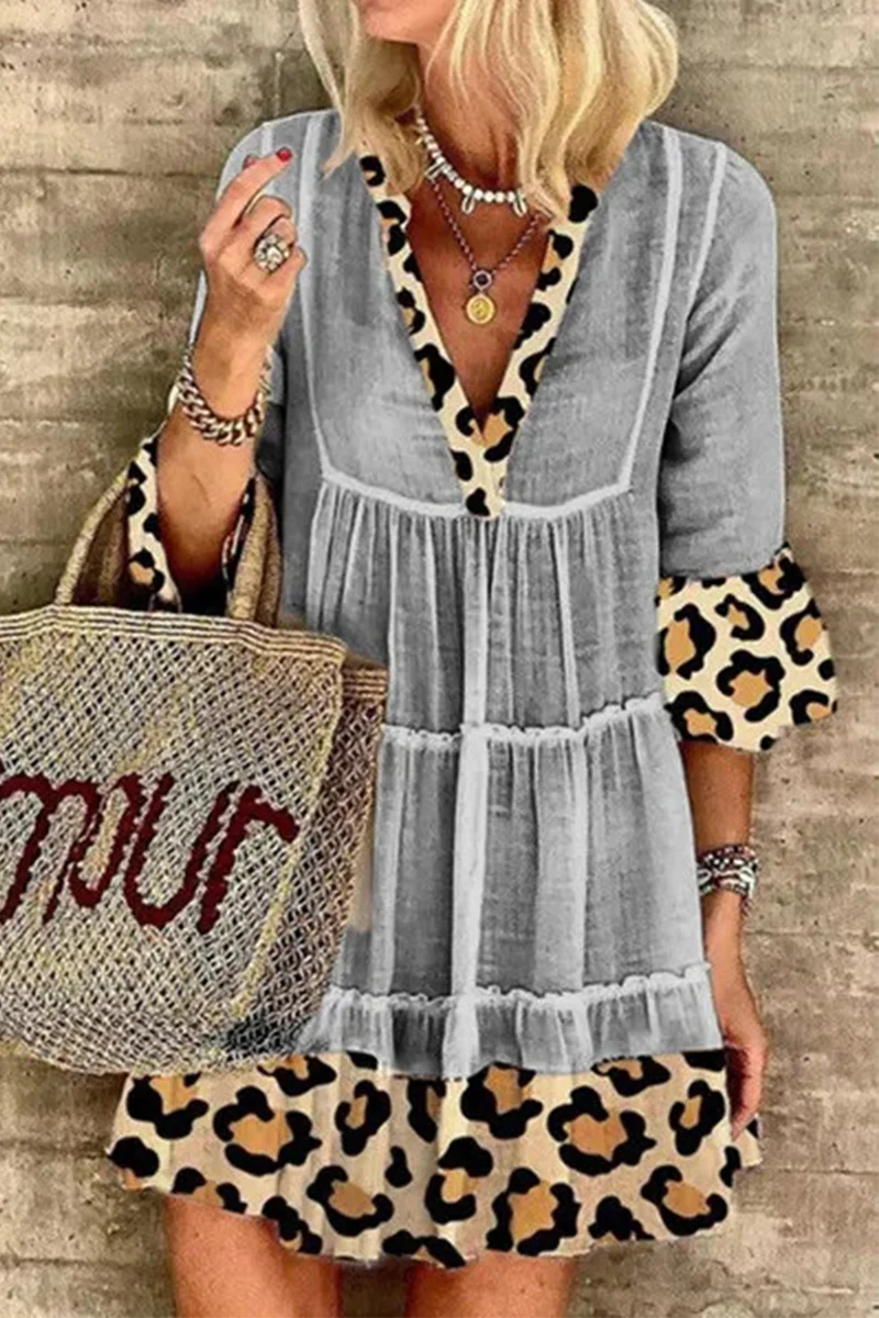 hulianfu Casual Elegant Leopard Lace Patchwork V Neck A Line Dresses(3 Colors) - Deanwangkt