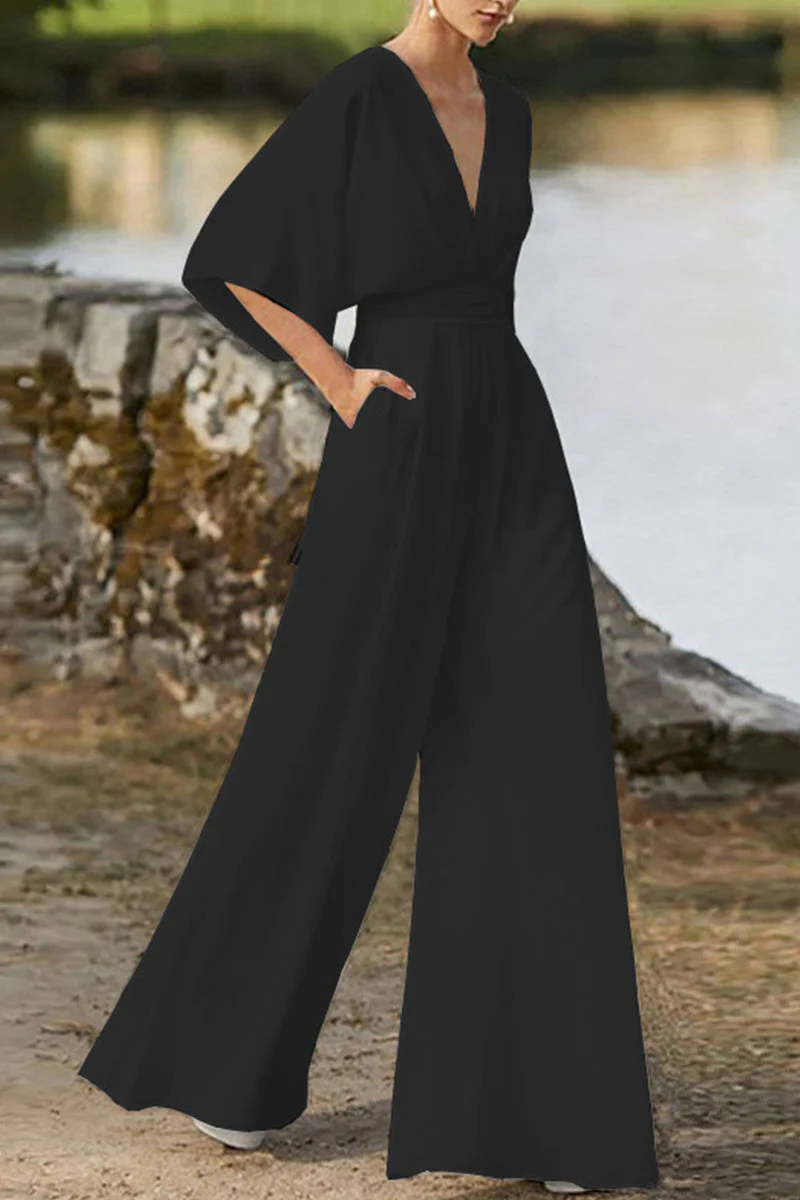 hulianfu Elegant Solid Color V Neck Boot Cut Jumpsuits(7 Colors) - Deanwangkt