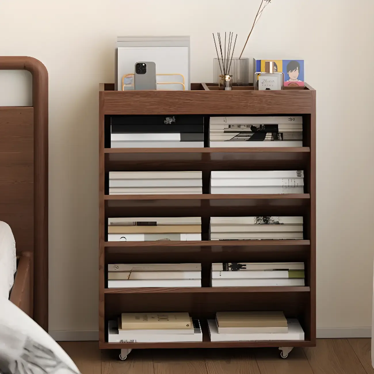 Mobile 5-Shelf Nut-Brown Wood Vertical Bookcase