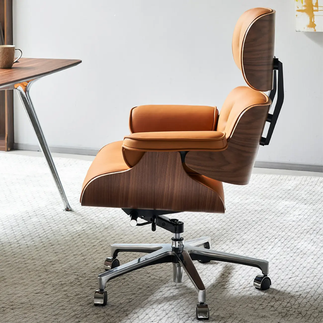 Mid-Century Modern Ergonomic Office Chair Genuine Leather