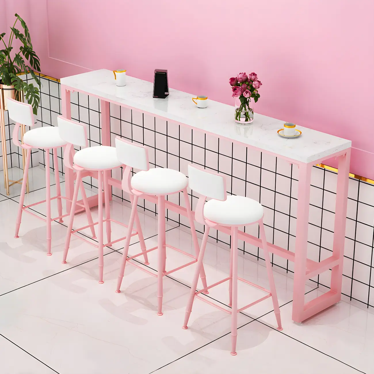 Glam Pink Rectangle Marble Long Bar Table