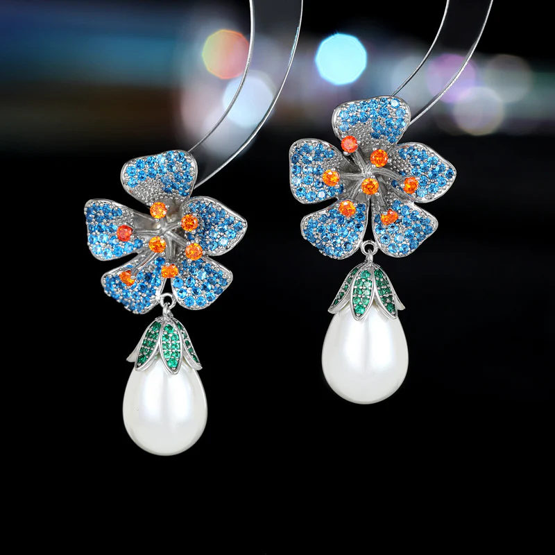 2025 retro court style exaggerated atmospheric earrings female zircon inlaid three-dimensional flower water drop pearl earrings - Deanwangkt