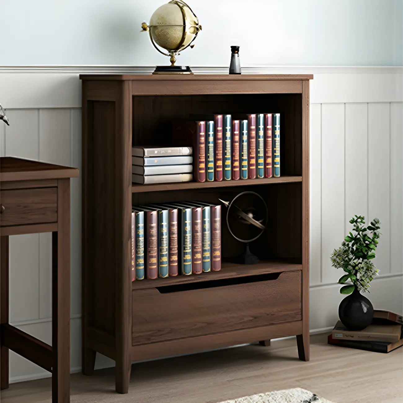 Modern Wooden Bookcase with Adjustable Shelves and Drawers