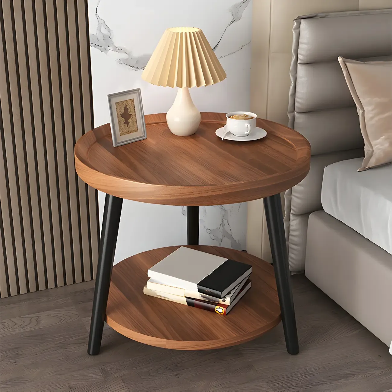 Natural Espresso Wood Small Round End Side Table with Tray Top & Shelf