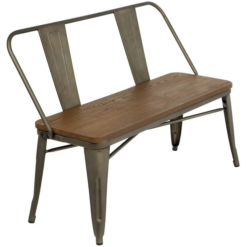 Dining Bench, Entryway Bench with Back, Farmhouse Metal Dining Bench, Industrial Mid-Century 3 Person Bench, Wood Seat