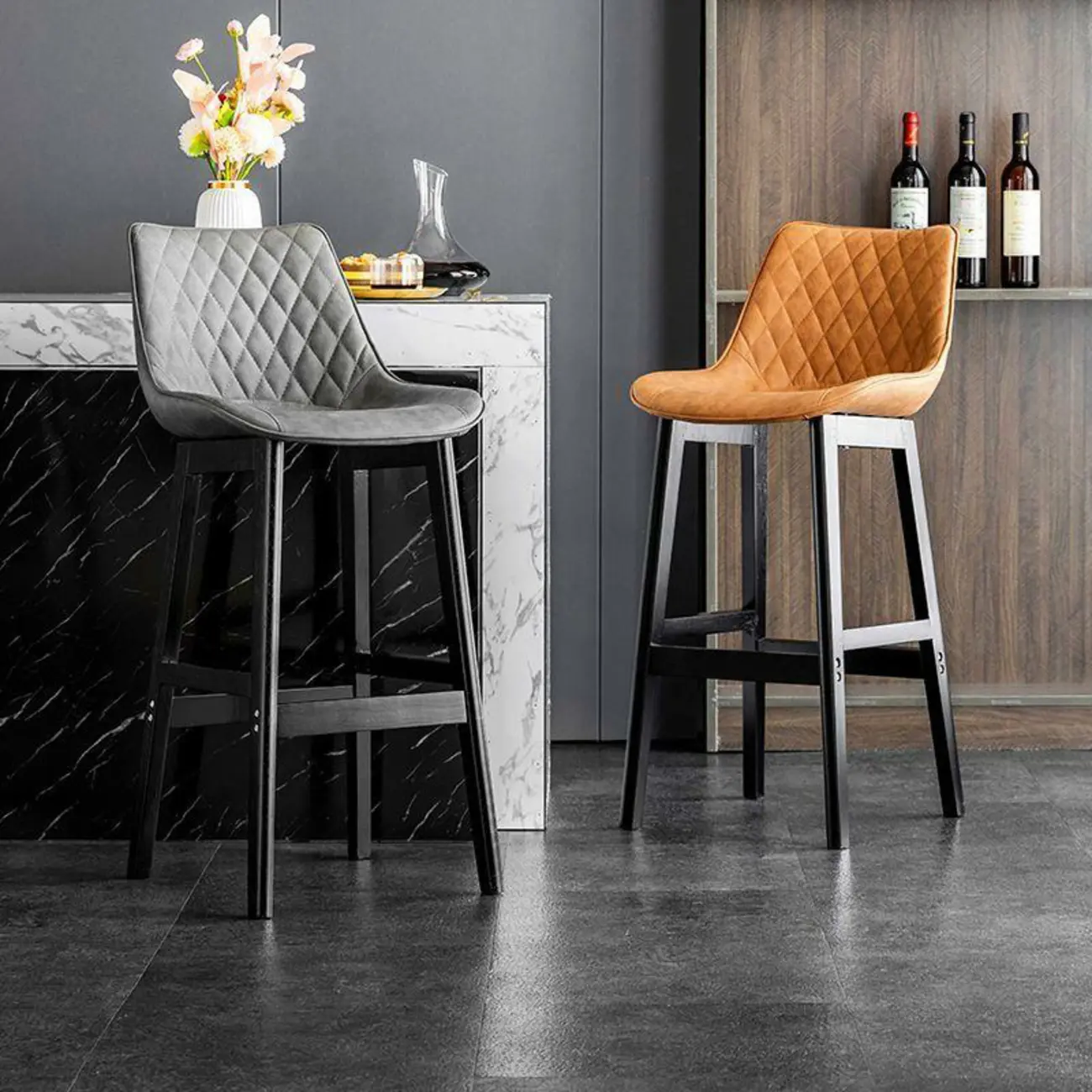 Modern Wood Tufted Upholstered Leather Bar Stool