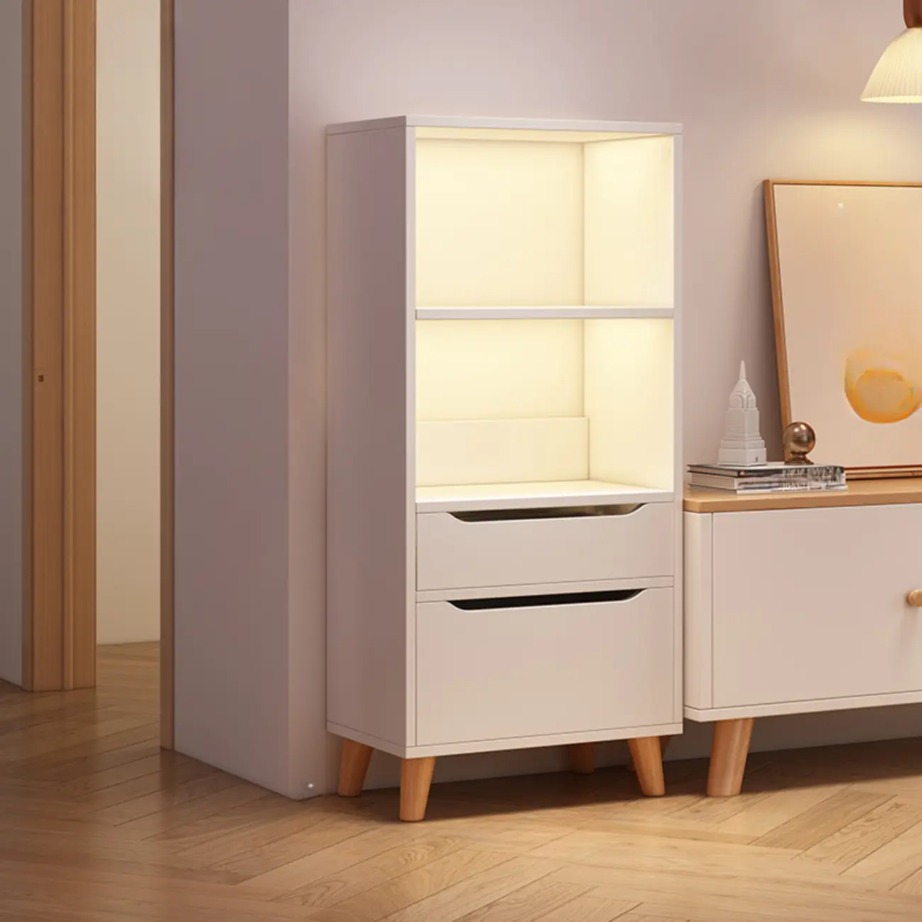 Tall Gray 4-Tier Open Back Wood Bookshelf with Drawer