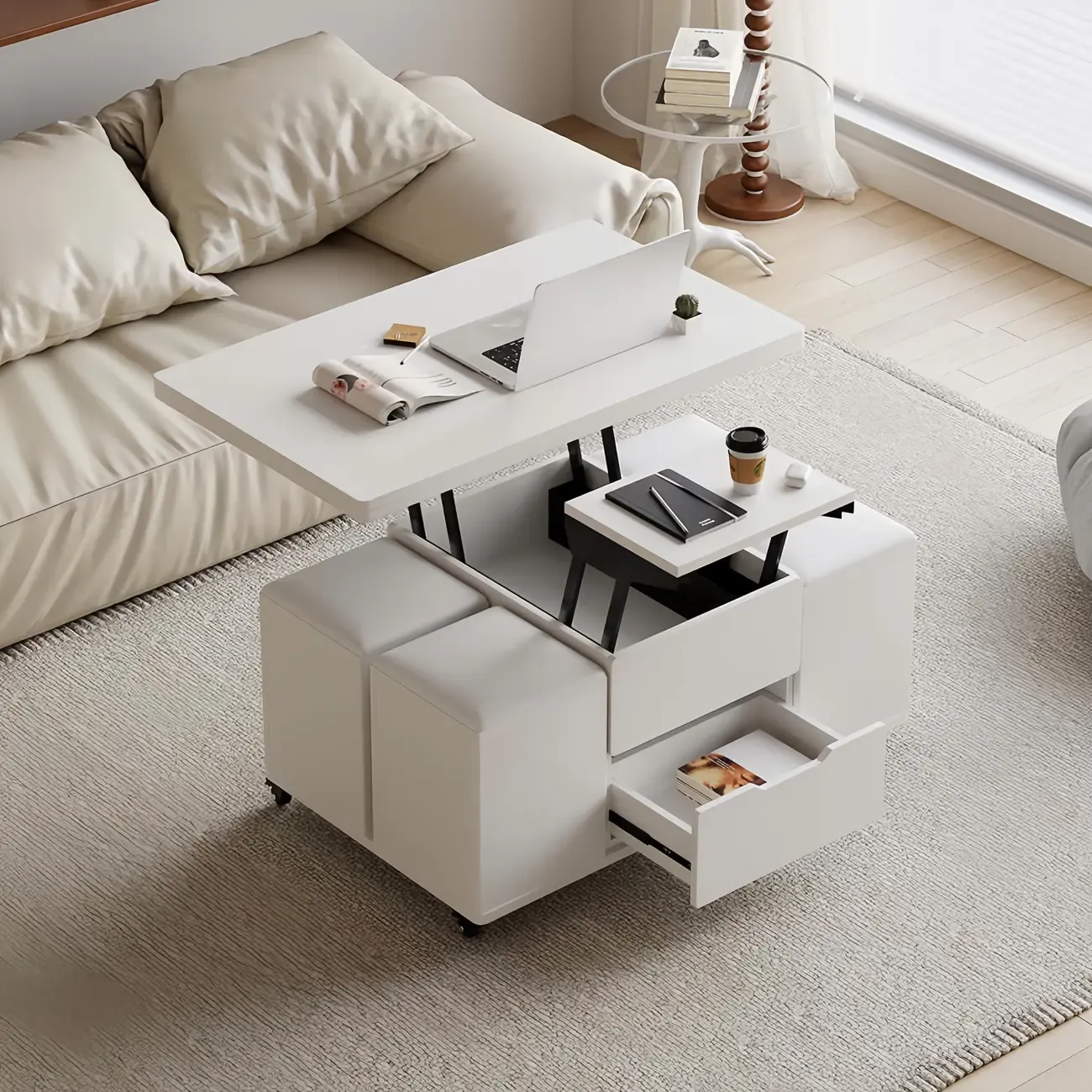 Foldable Lift-Top Coffee Table with 4 Stools & Storage