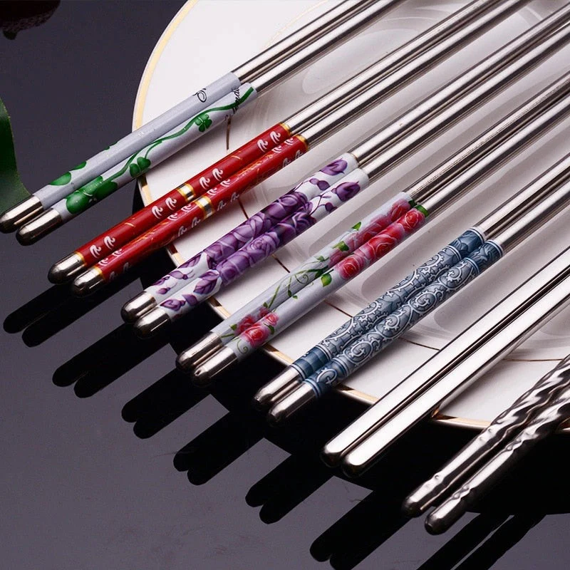 HULIANFU Stainless Steel Chopsticks Tableware Portable Reusable Blue Porcelain Patters Food Sticks Chopsticks Kitchen Dishes for Sushi - Deanwangkt