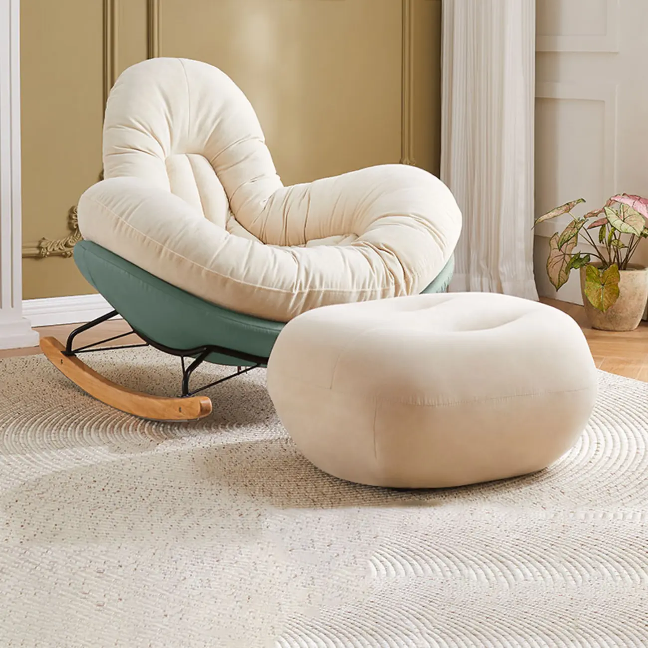 Wide Seat Upholstered Rocking Chair in Beige with Ottoman
