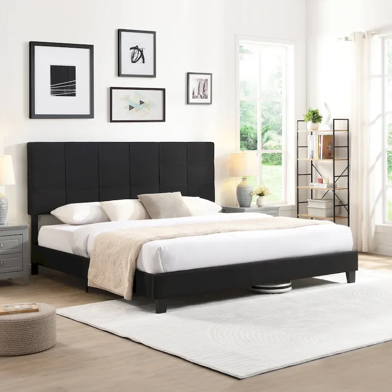 Black Linen King Size Upholstered Platform Bed Frame with Button Tufted Headboard, Wood Slat Support, No Box Spring Needed