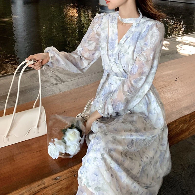 Hulianfu Summer Basic Long Dress Long Sleeve V-Neck Floral Printed Retro Vintage A-Line Women Dresses Chic Korea Fashion Vestidos - Deanwangkt
