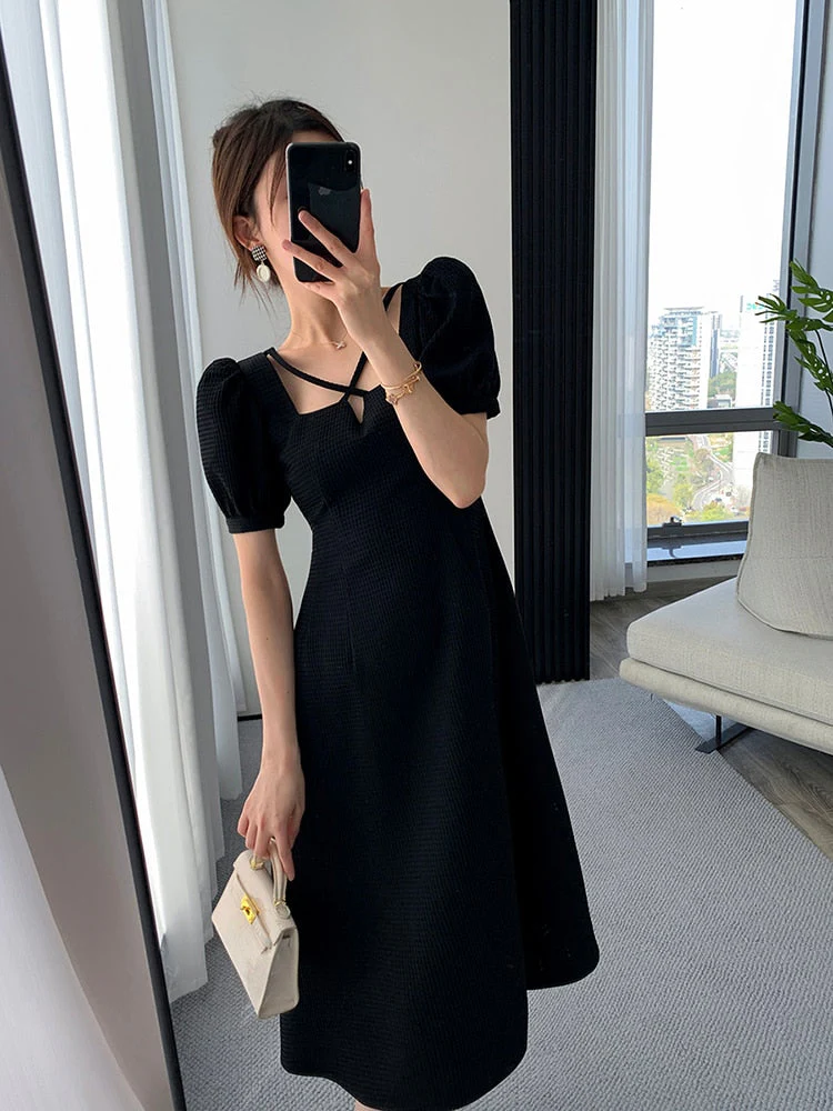 Hulianfu Summer Women Fashion Elegant Casual Solid Puff Sleeve Midi Dresses Evening Office Lady Female A Line Clothes Vestdios Black - Deanwangkt