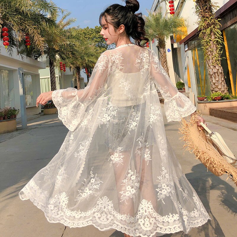 Hulianfu Women Blouse Sun Protection Outerwear Fashion Long Flare Sleeve Mesh Embroidery Thin Loose Party Holiday Maiden Outerwear Sexy - Deanwangkt