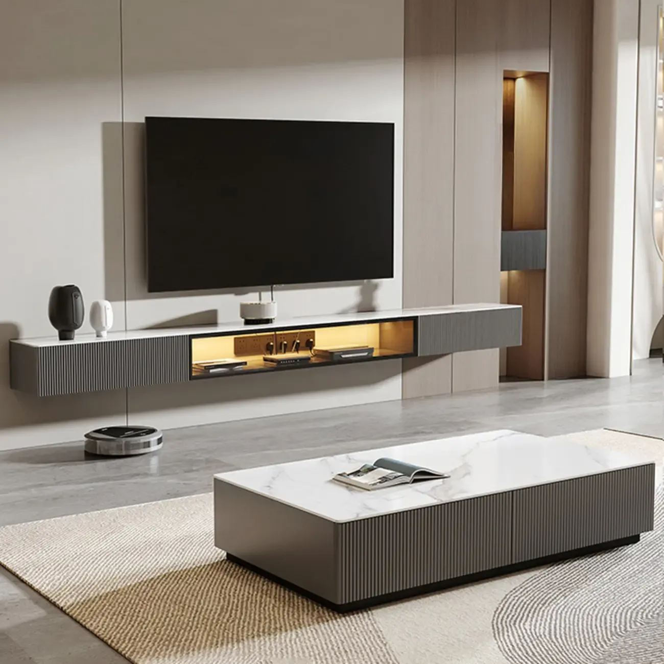 Modern Stone TV Stand with Lighting and Storage