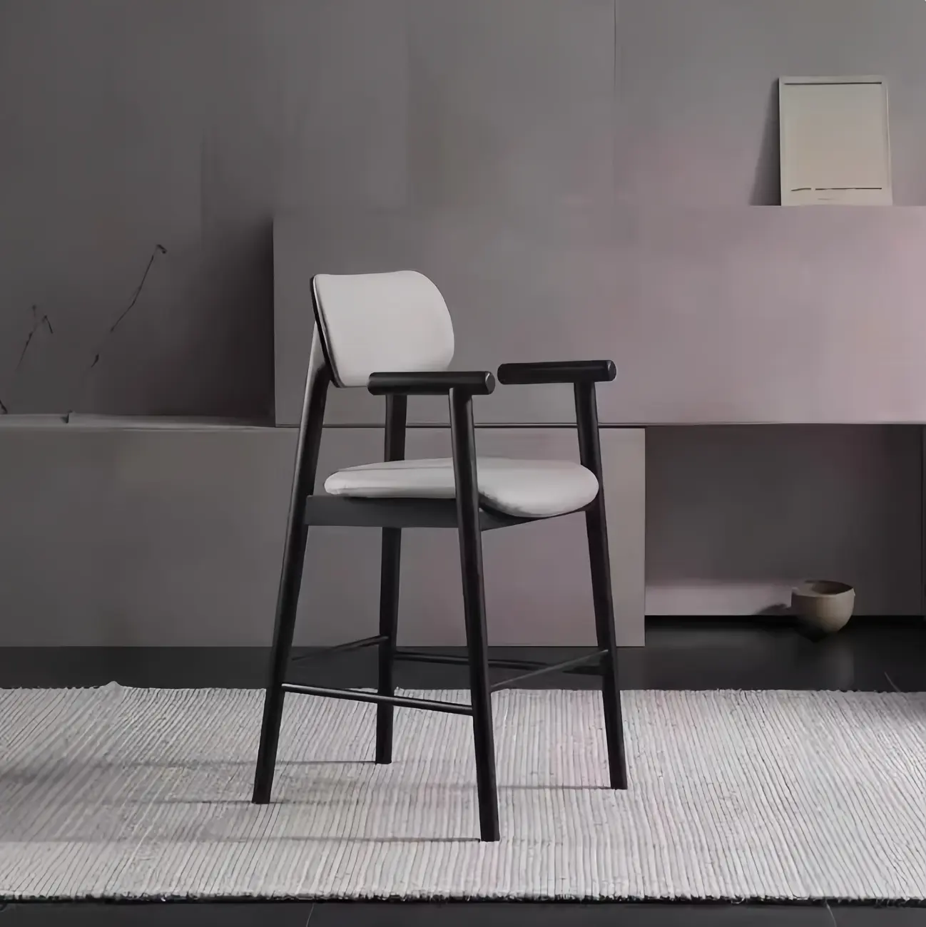 Square Four Legs Black Wood Leather Bar Stools