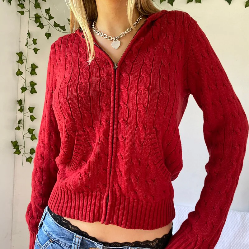 Knitted Sweater Women Hooded Cardigan Cropped Vintage Hoodies Y2K Solid Coat Women Sweater Outwear Long Sleeve Pull Femme - Deanwangkt
