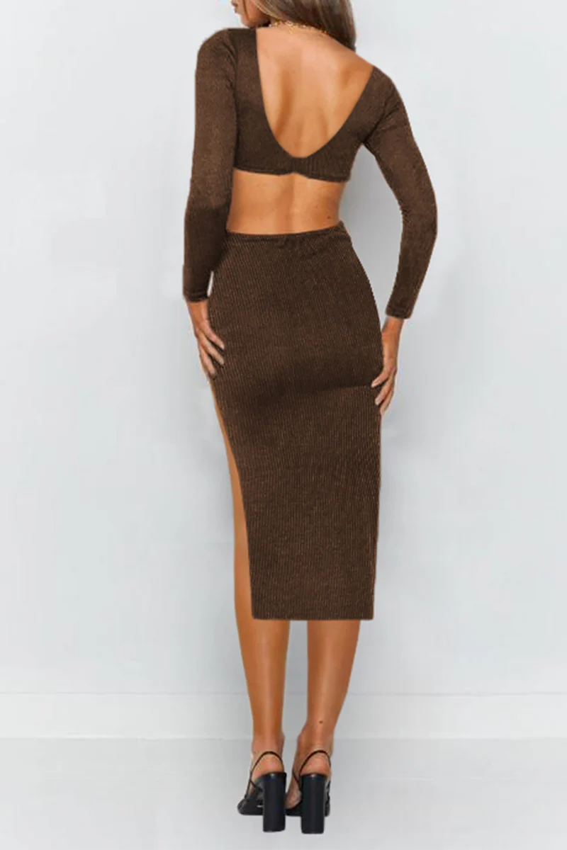 hulianfu Elegant Solid Hollowed Out Backless Slit V Neck Pencil Skirt Dresses - Deanwangkt