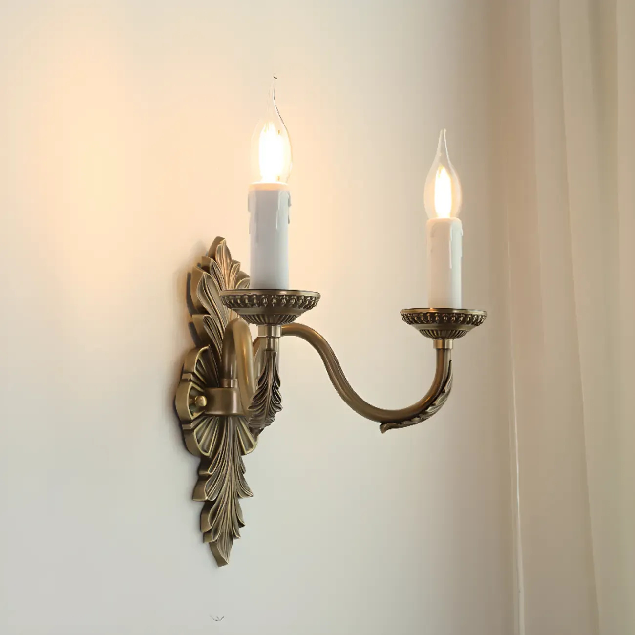 Vintage Beige Brass Candelabra Wall Sconce with LED Light