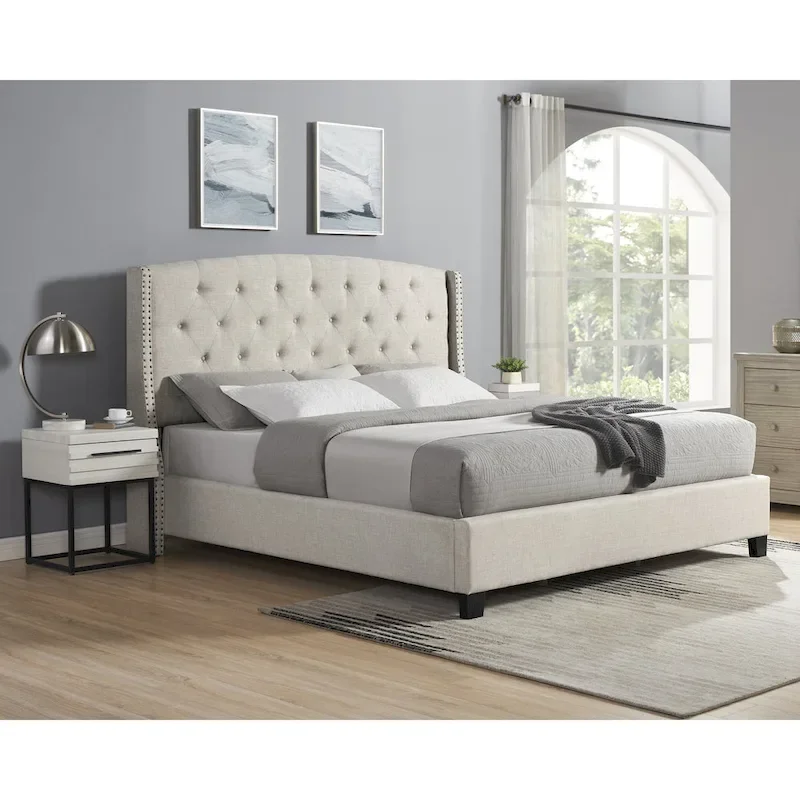 Roundhill Furniture Astral 3-Piece Upholstered Bedroom Set Tufted Wingback Bed with Two Nightstands