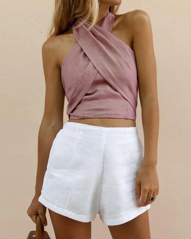 Women's Criss Cross Tank Summer Tops Sexy Sleeveless Halter Neck Top Solid Color Crop Top Bandage Vest Female Outwear Outfits - Deanwangkt