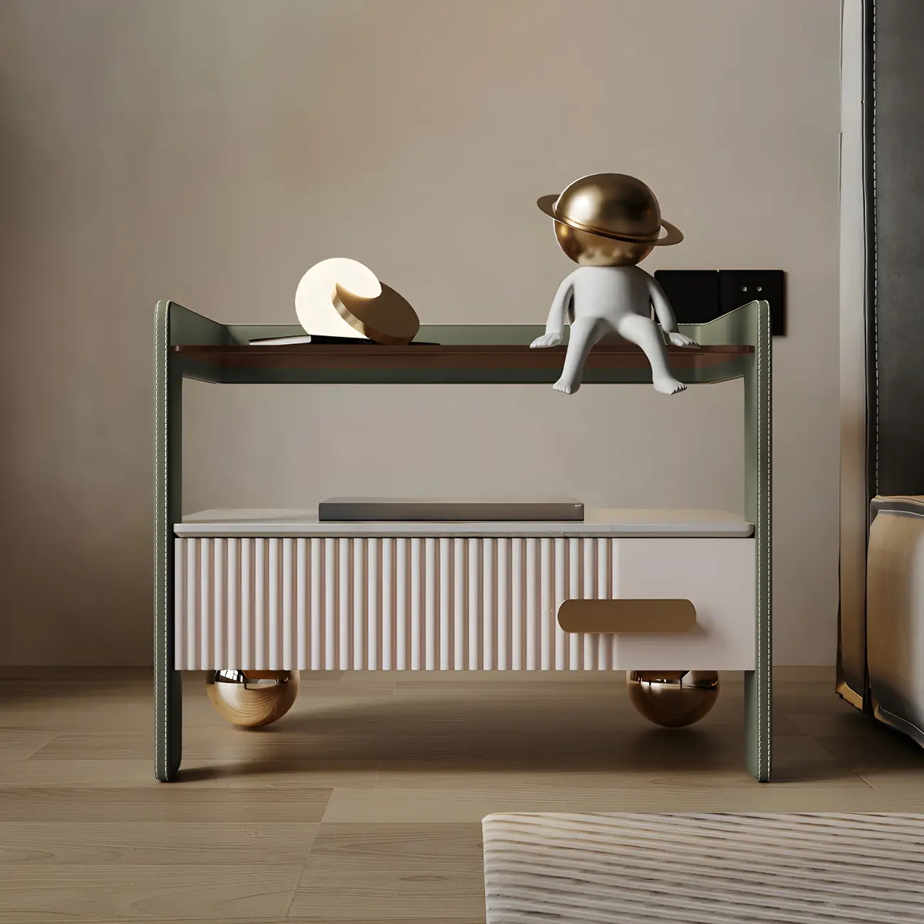 LED Wood Open Storage Shelf Drawers Nightstand