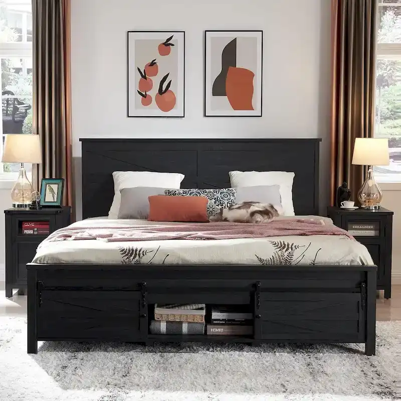 Farmhouse Queen Size Wood Bed Frame , with Cabinets and Headboard