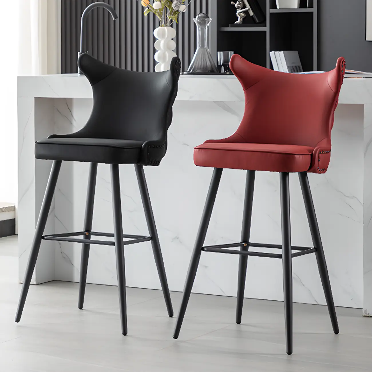 Tufted Four Legs Leather Wingback Counter Bar Stools